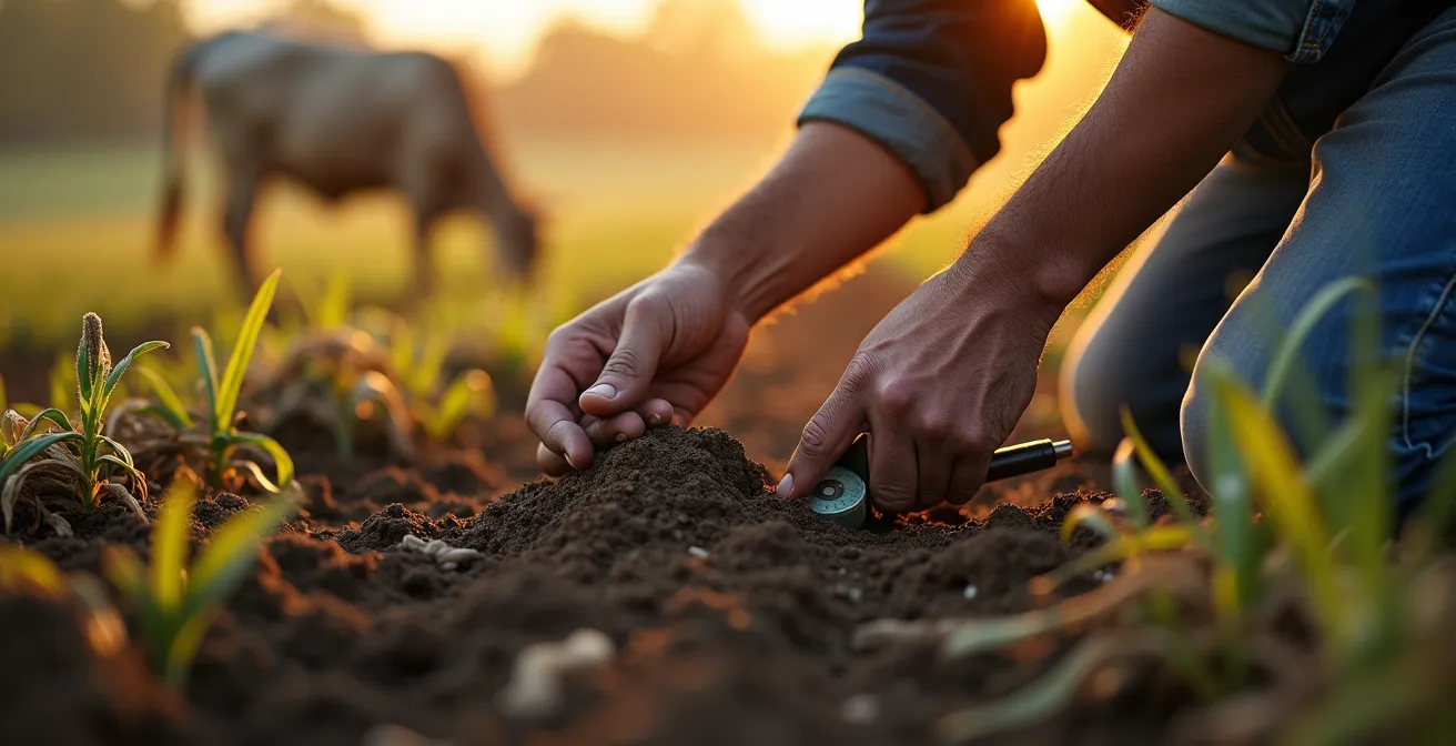 Farmer testing soil compaction with penetrometer in grazed cover crop field