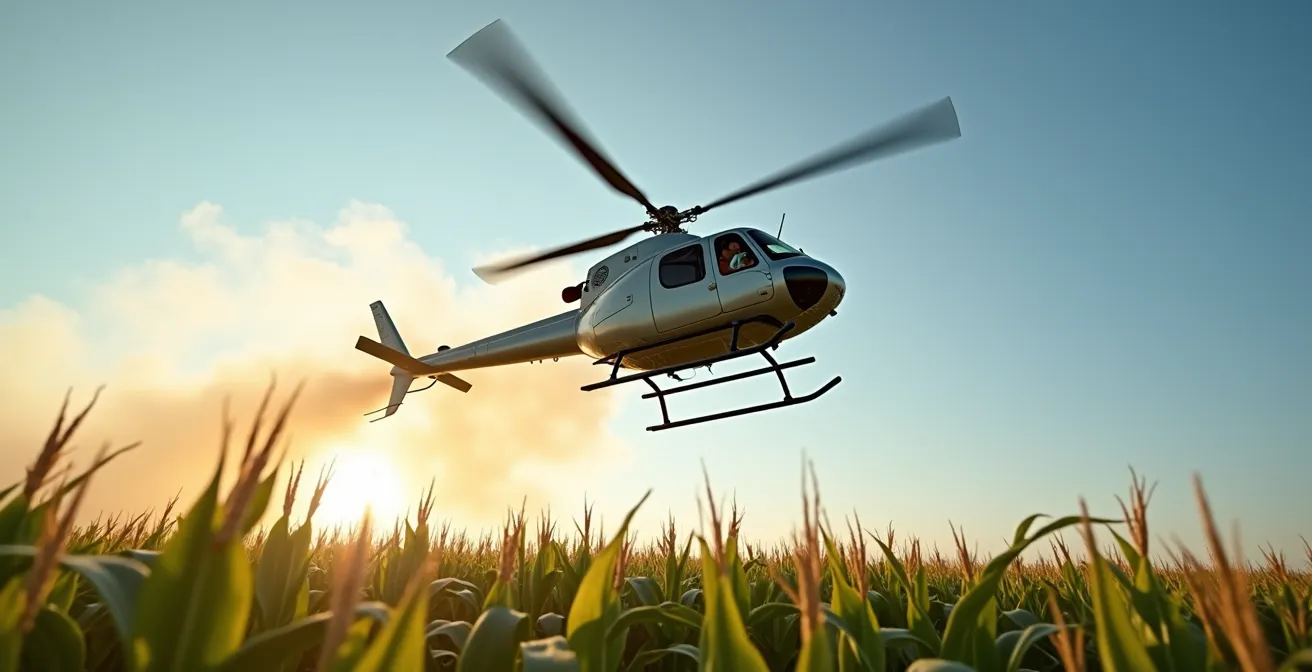 Helicopter broadcasting cover crop seeds over mature corn field