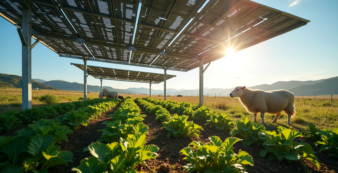 Wide shot of sheep grazing beneath elevated solar panels in a pastoral setting with crops growing between rows
