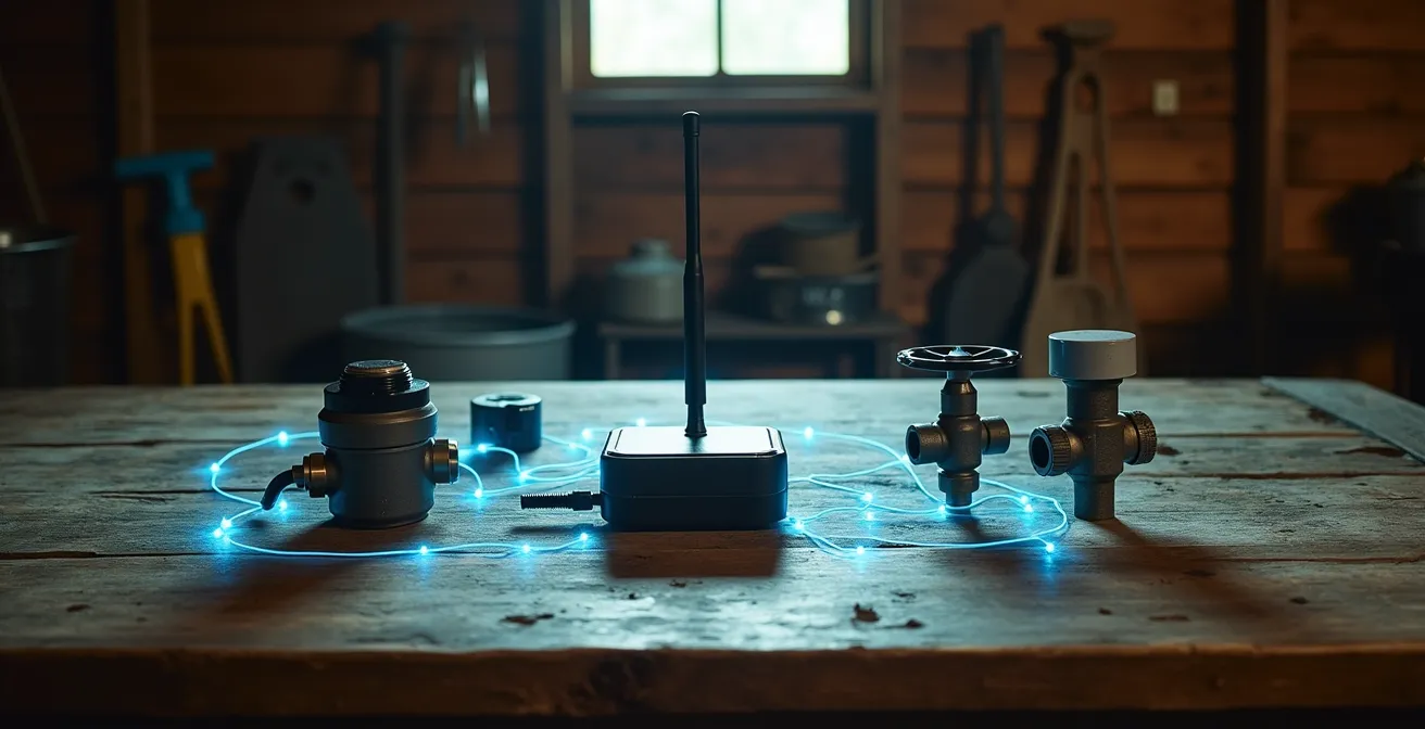 Technical diagram showing sensor to valve automation chain in agricultural setting