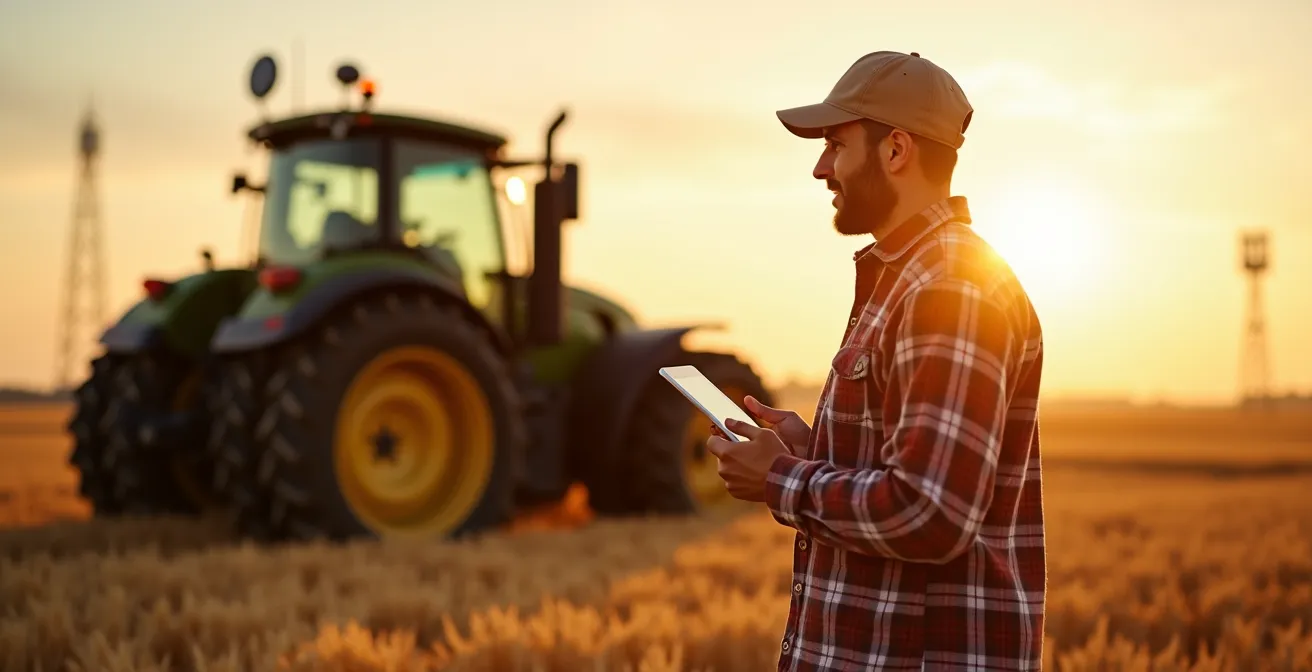 Farm field showing autonomous tractor with visible mesh network infrastructure