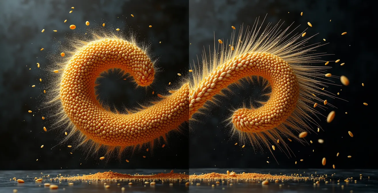Side-by-side comparison of axial and tangential rotor systems showing smooth vs chaotic grain flow