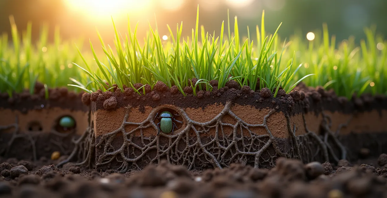Cross-section view of beetle bank showing diverse native plant root systems and insect habitats