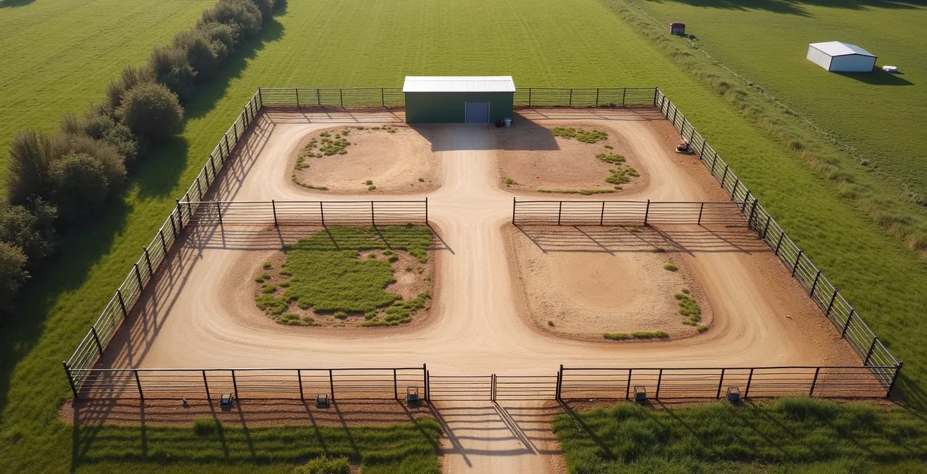 Wide aerial view of isolated quarantine pens with double fencing system