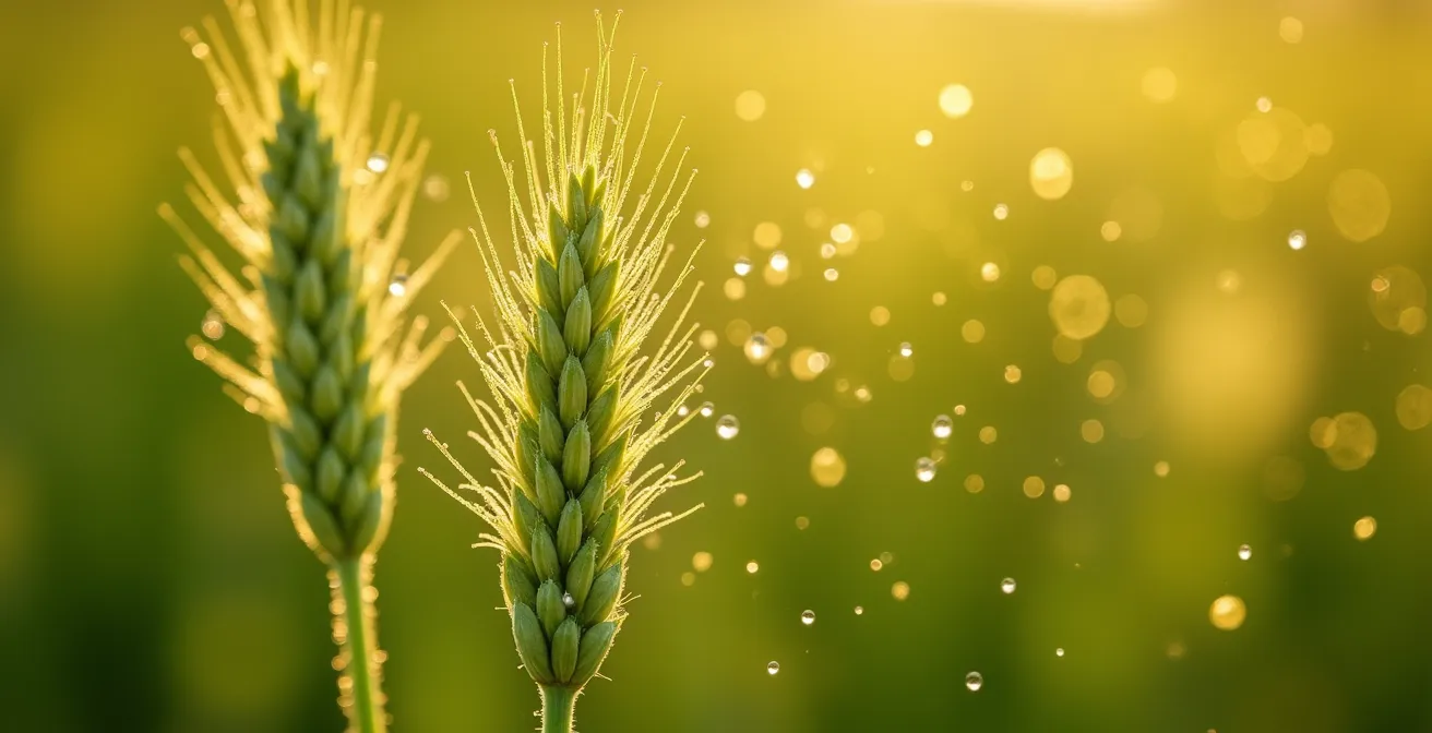 Macro photograph of cereal rye at perfect anthesis stage showing pollen release