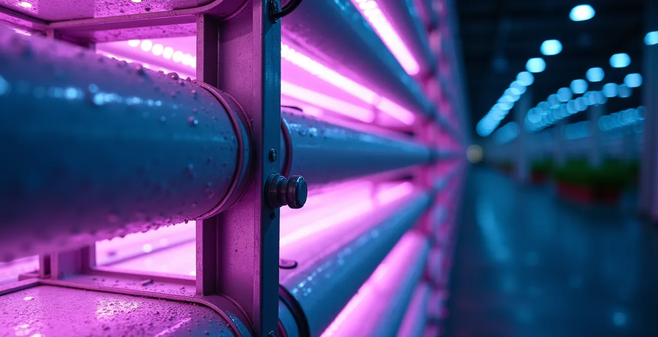 Cross-section view of a multi-tier hydroponic warehouse system showing airflow patterns and volumetric productivity.
