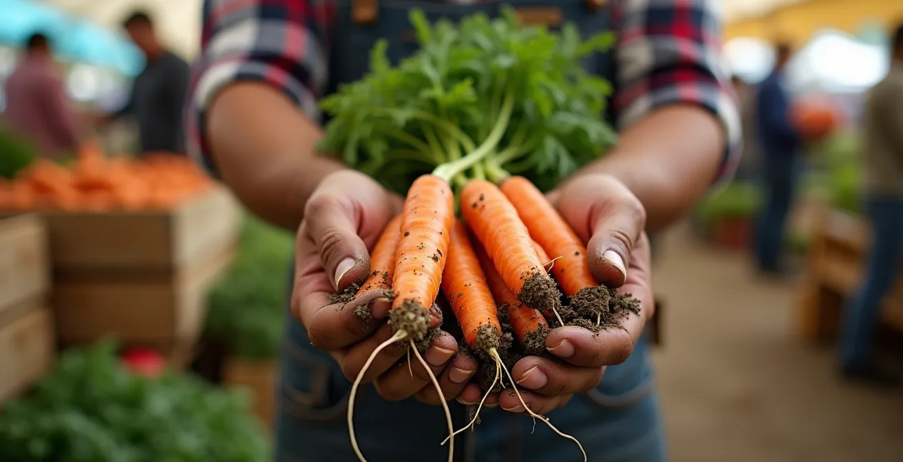 Close-up of hands holding fresh organic vegetables at a farmers market with price tags showing premium values