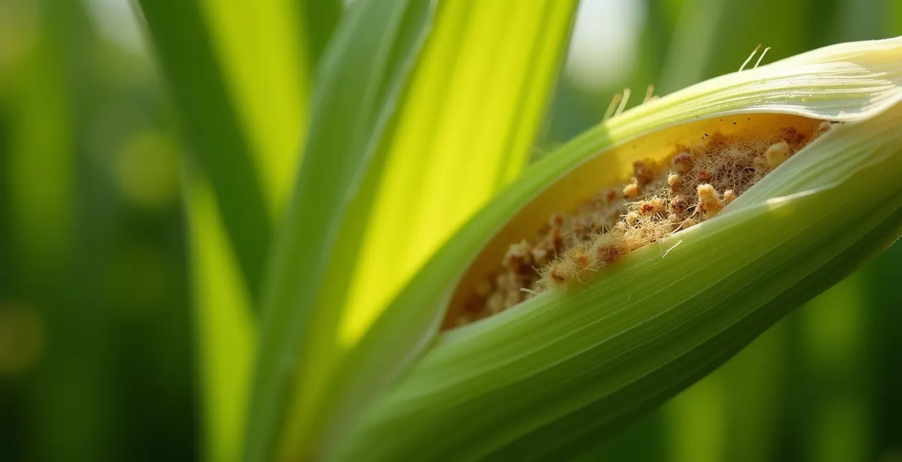 Close-up of corn stalk showing early corn borer damage signs