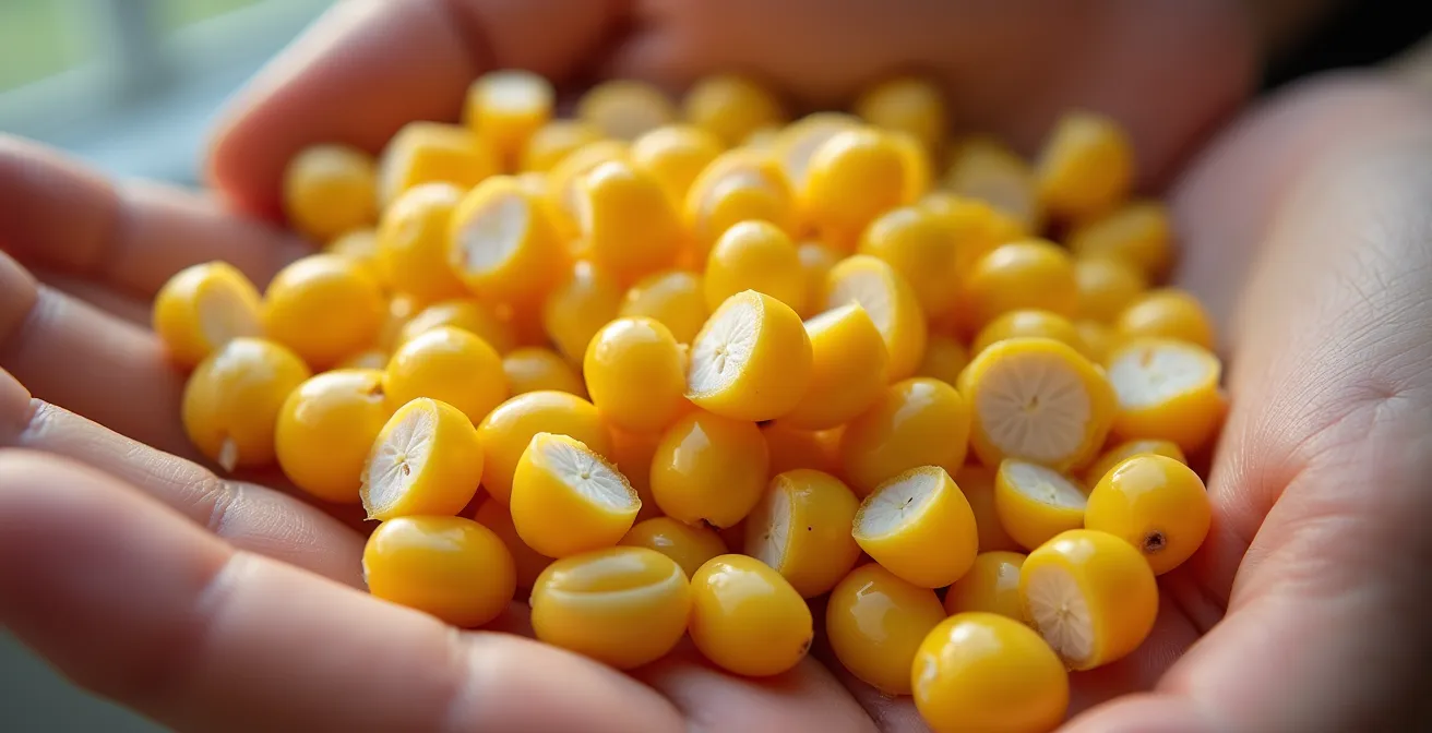 Extreme close-up of corn kernels showing the contrast between perfectly intact golden kernels and those that are cracked or damaged.