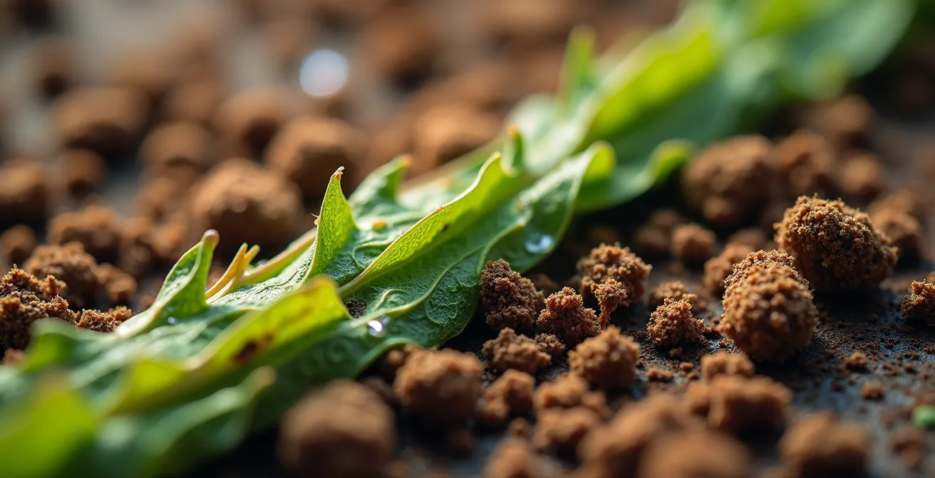 Close-up view of terminated cover crop residue showing decomposition stages