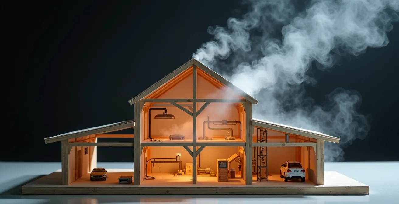 Technical cutaway view of barn showing under-floor ventilation and air circulation patterns