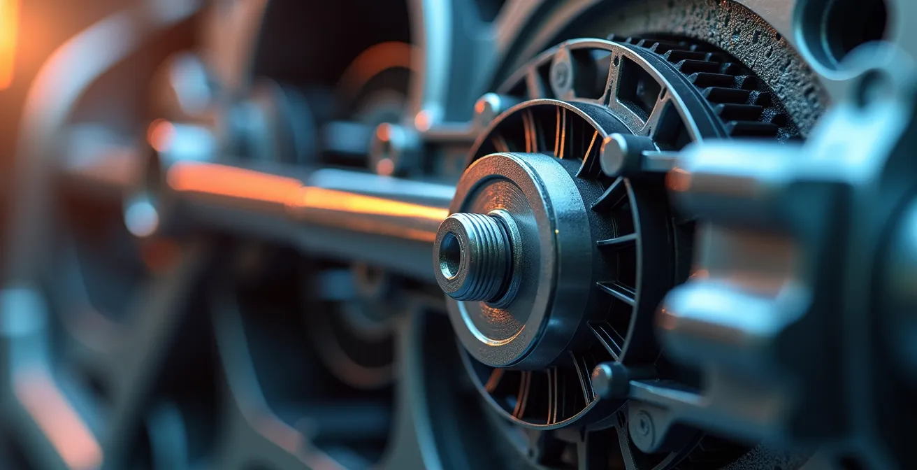 Detailed macro view of CVT transmission components showing variable pulleys and belt system