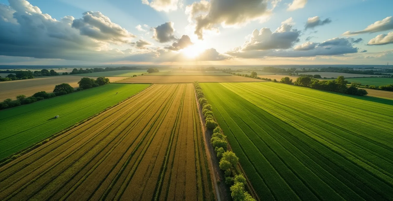 Aerial view of farm field with overlaid digital mapping layers showing safety zones