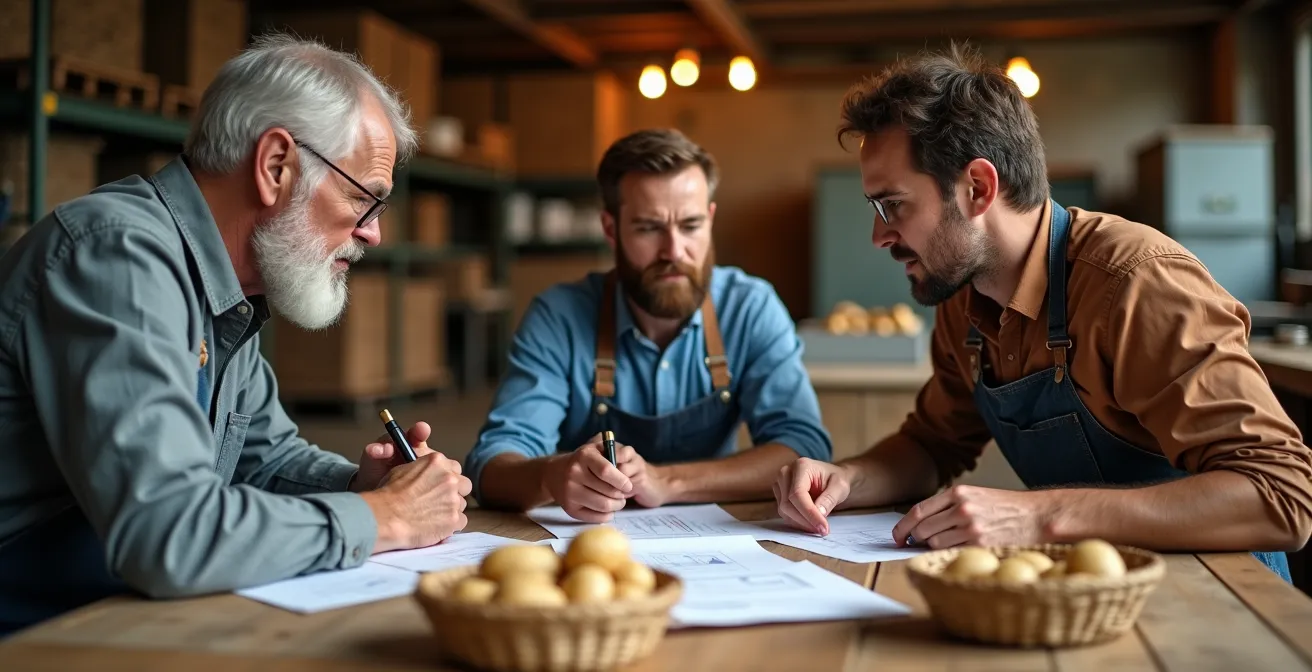 Business meeting between farmers and processors discussing quality specifications