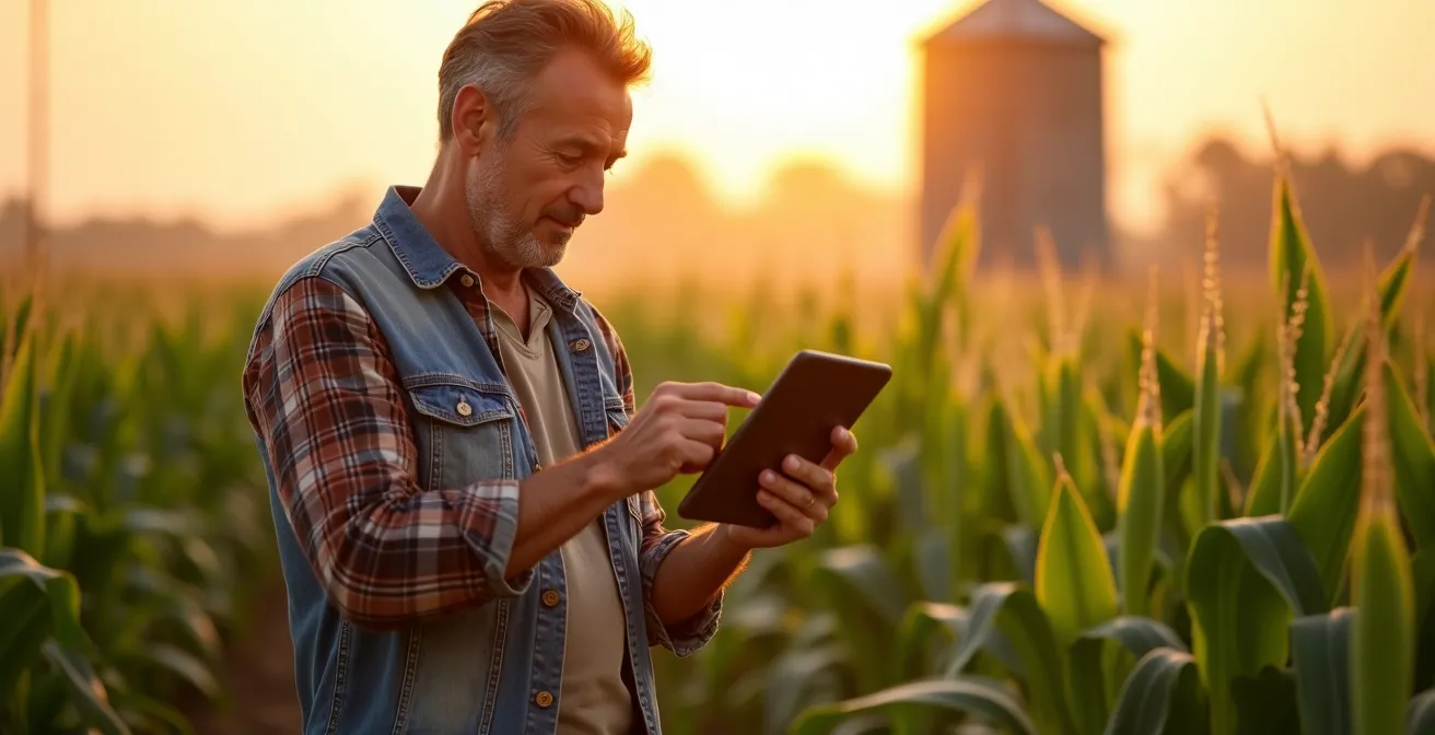 Farmer checking digital device while standing in crop field at sunset