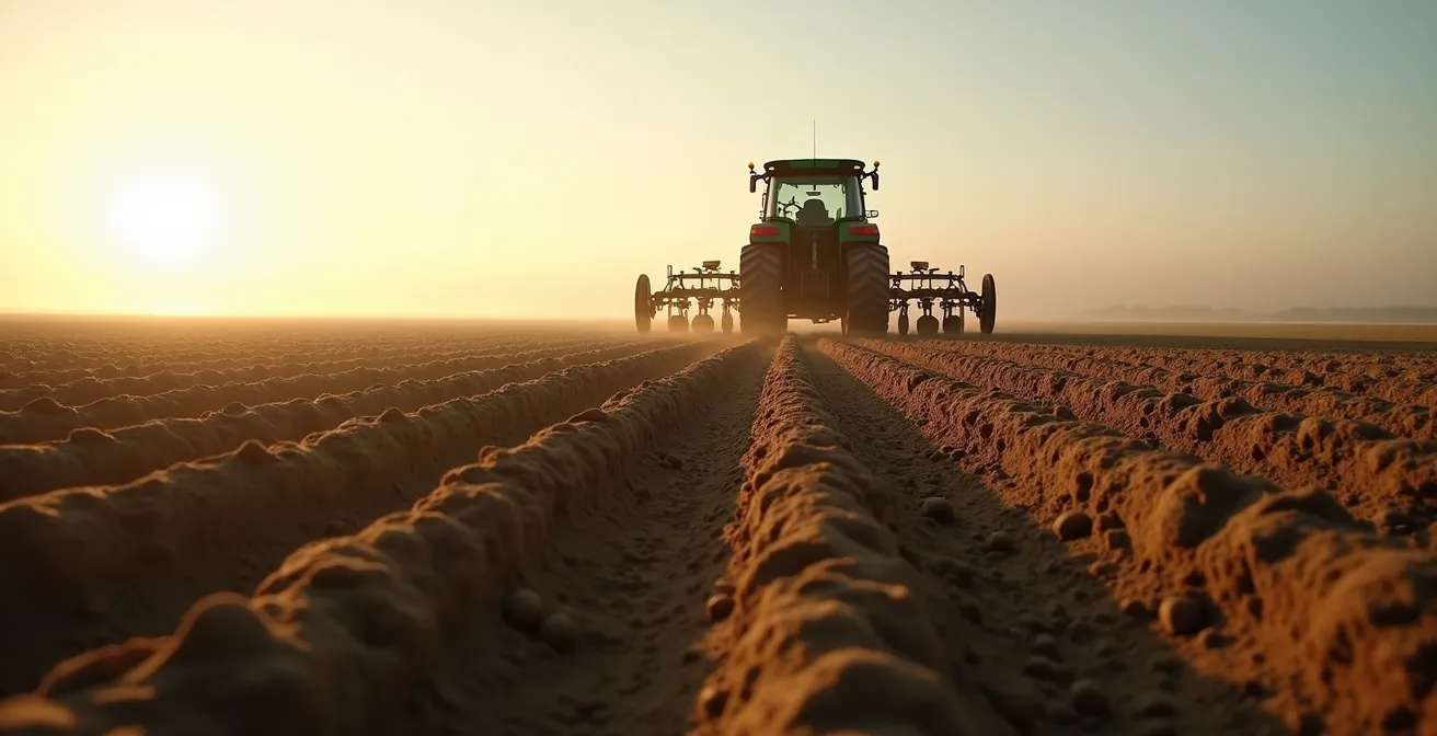 Minimalist wide angle view of planter gauge wheels creating furrows