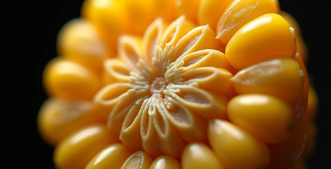 Extreme close-up of corn kernel showing internal stress crack patterns