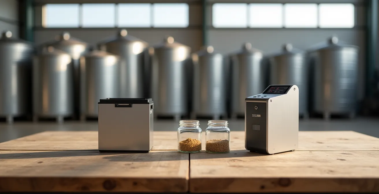 Side-by-side comparison of portable and bench moisture testing units in grain storage facility