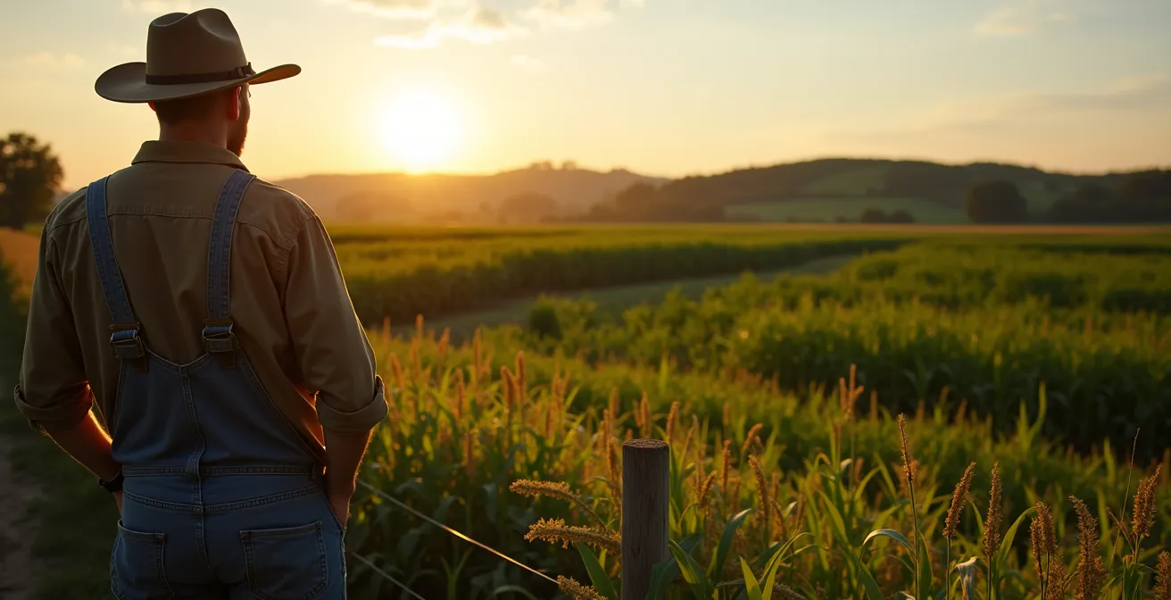 Wide angle view of agricultural field showing natural variation in crop growth patterns