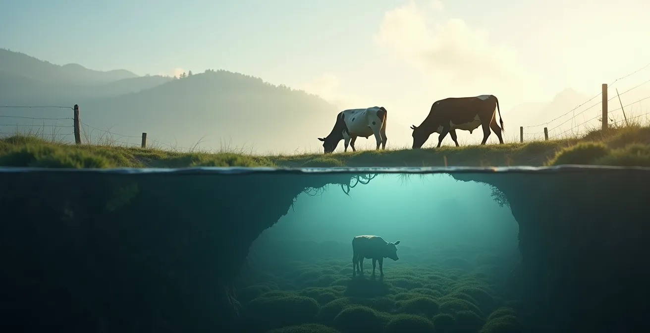 Visual metaphor showing the iceberg effect in herd health with visible sick animals above water and hidden infected carriers below