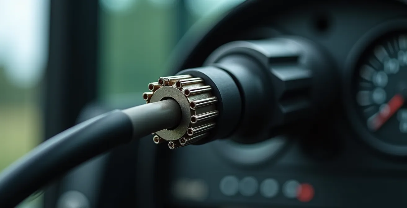 Close-up view of ISOBUS retrofit components being installed on a tractor