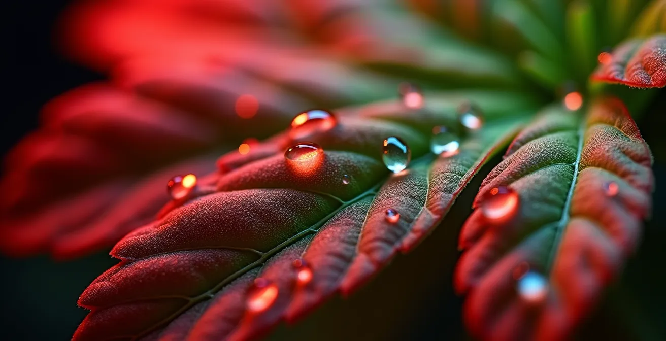 Macro view of plant tissue under different LED spectrum colors showing cellular response to phytochrome control.