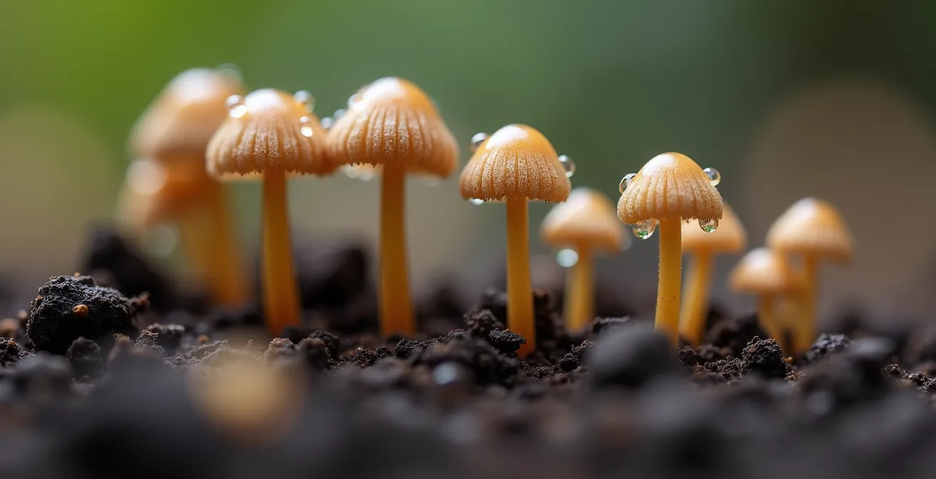 Extreme close-up of tiny mushroom-like apothecia structures emerging from soil