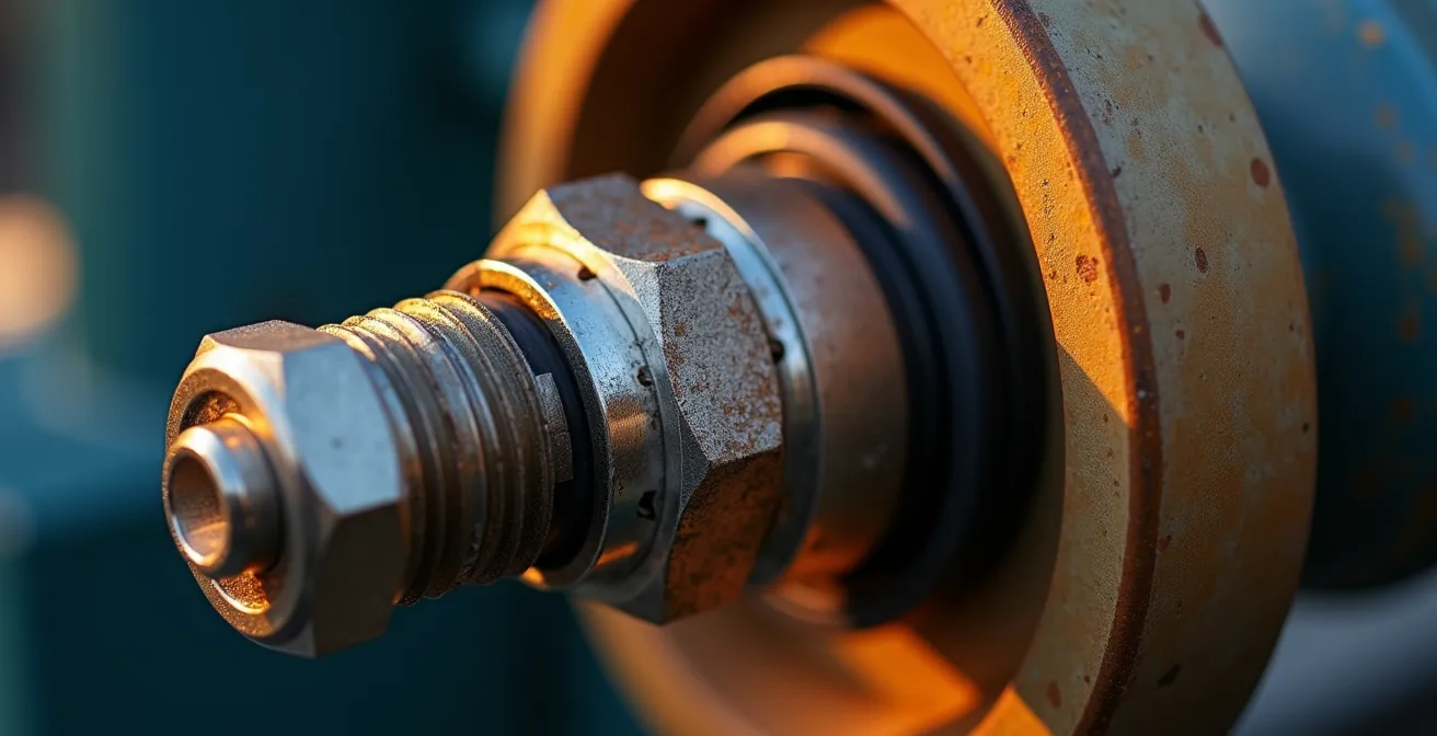 Extreme close-up of clean hydraulic fitting showing proper maintenance technique
