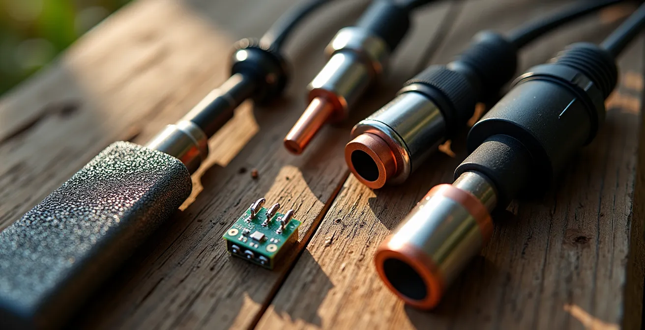 Array of modular precision farming sensors and equipment on rustic barn table