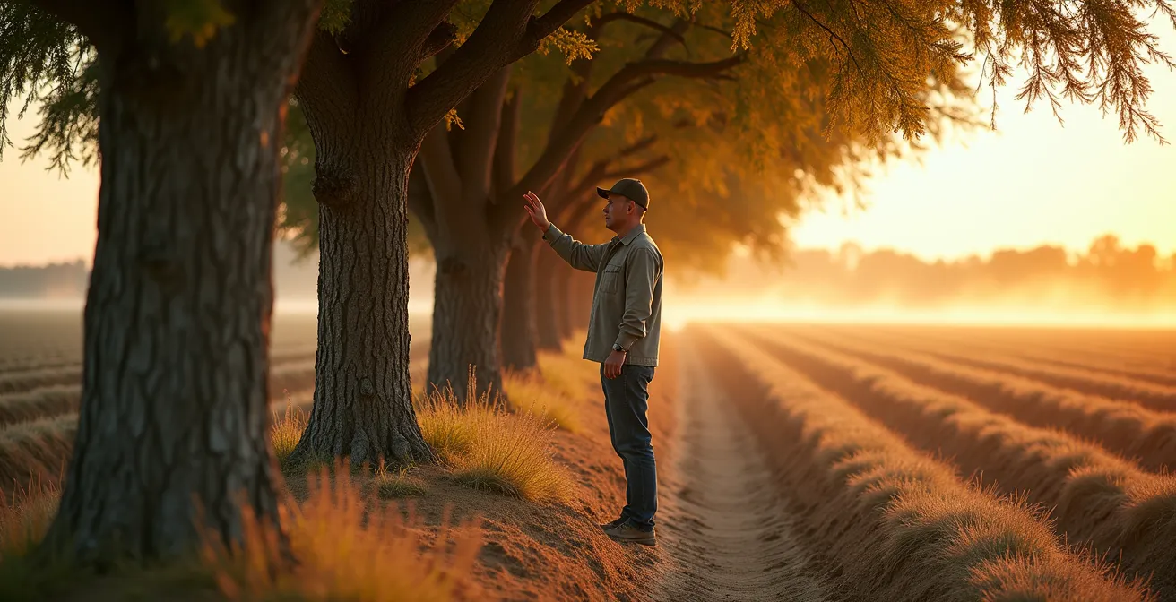 Aerial view of strategic windbreak placement protecting sandy agricultural fields