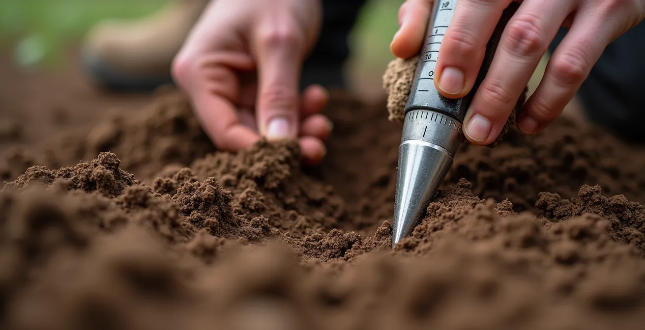 Close-up of penetrometer being used to test soil compaction depth in agricultural field