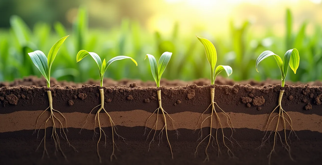 Cross-section view of soil showing phosphorus band placement relative to corn root development