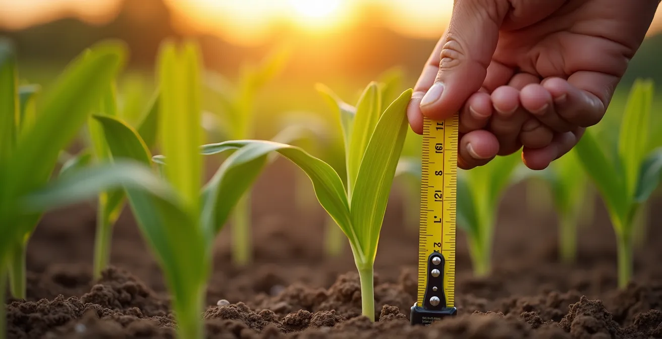 Human perspective view of perfectly spaced emerging corn plants demonstrating calibration success