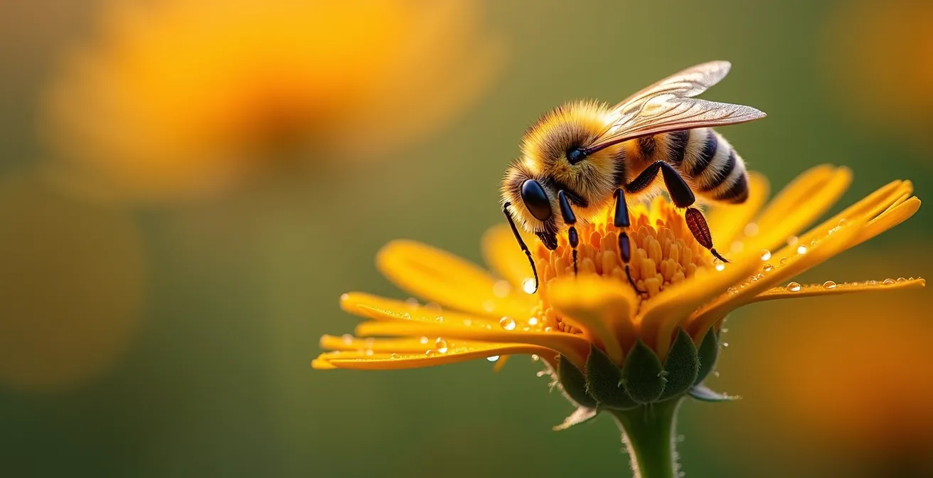 Macro view of beneficial insects on wildflowers at field edge
