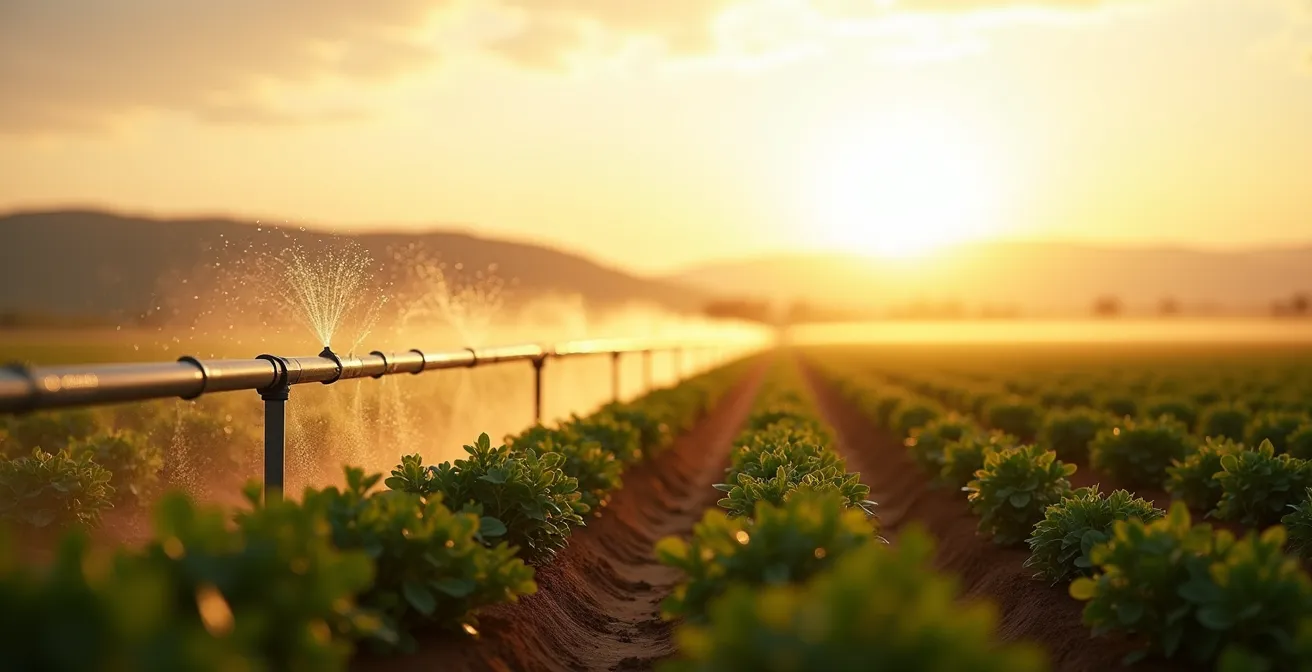 Wide angle view of modern drip irrigation system in drought-affected agricultural field
