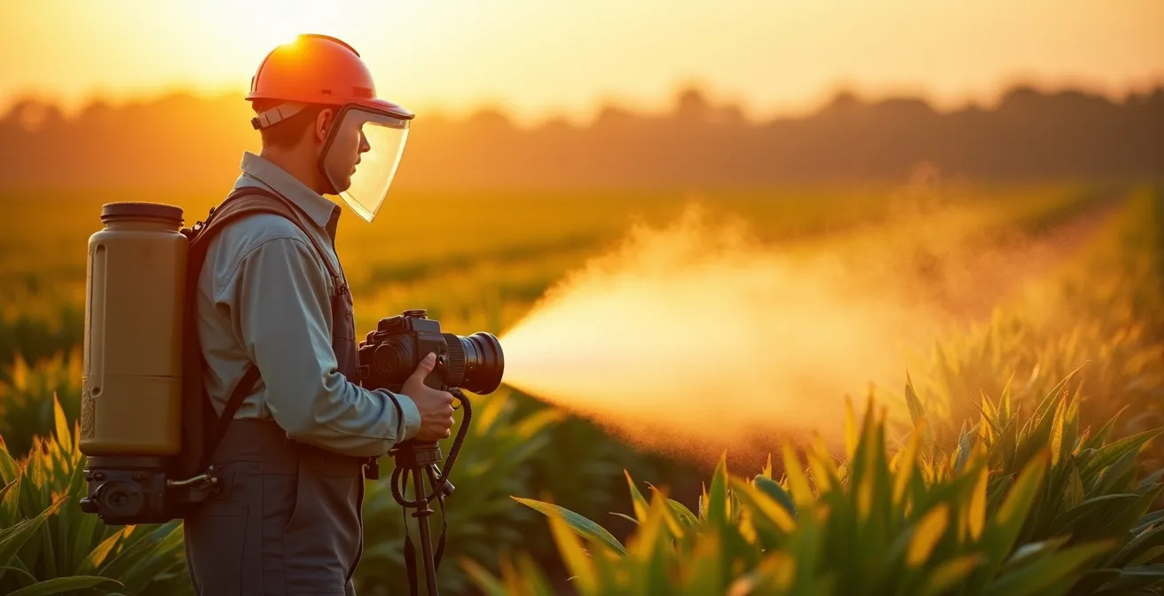 An agricultural operator using an advanced electrostatic sprayer, showing charged droplets wrapping around plant leaves for precise application.