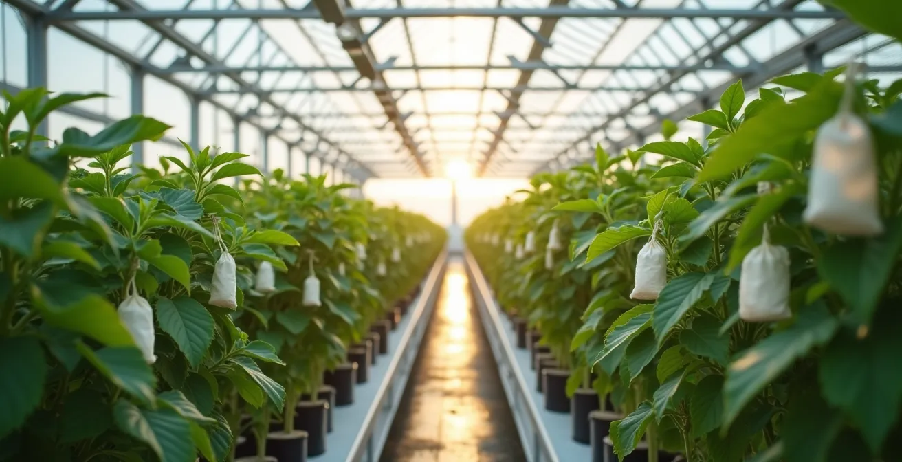 Wide shot of greenhouse interior with a banker plant system and predatory mite sachets releasing beneficials.