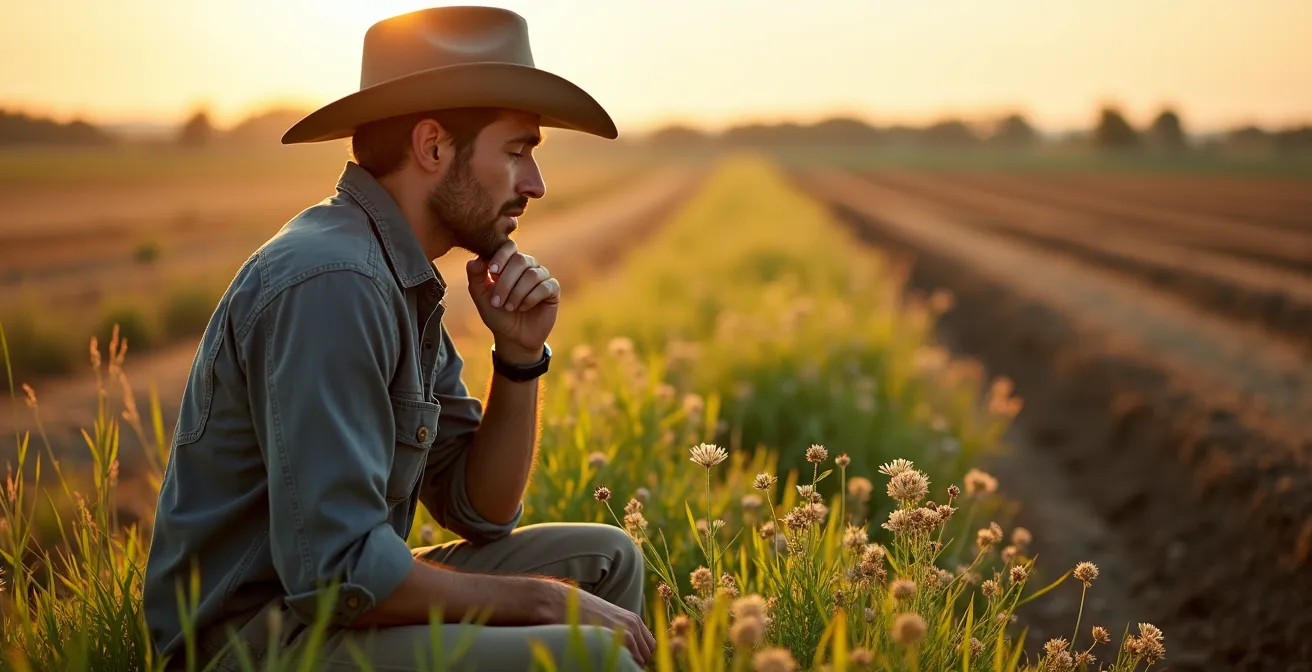 Field margin showing patchwork mowing pattern preserving wildlife refuges