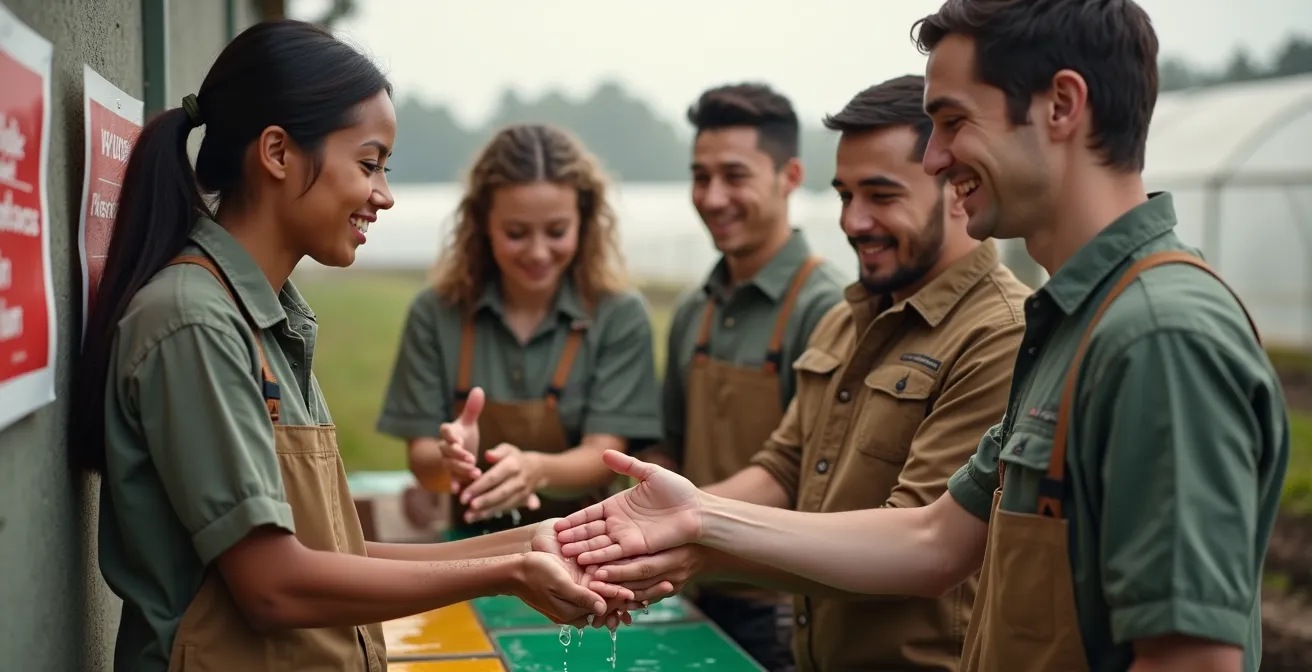 Agricultural workers receiving visual hygiene training with color-coded safety zones