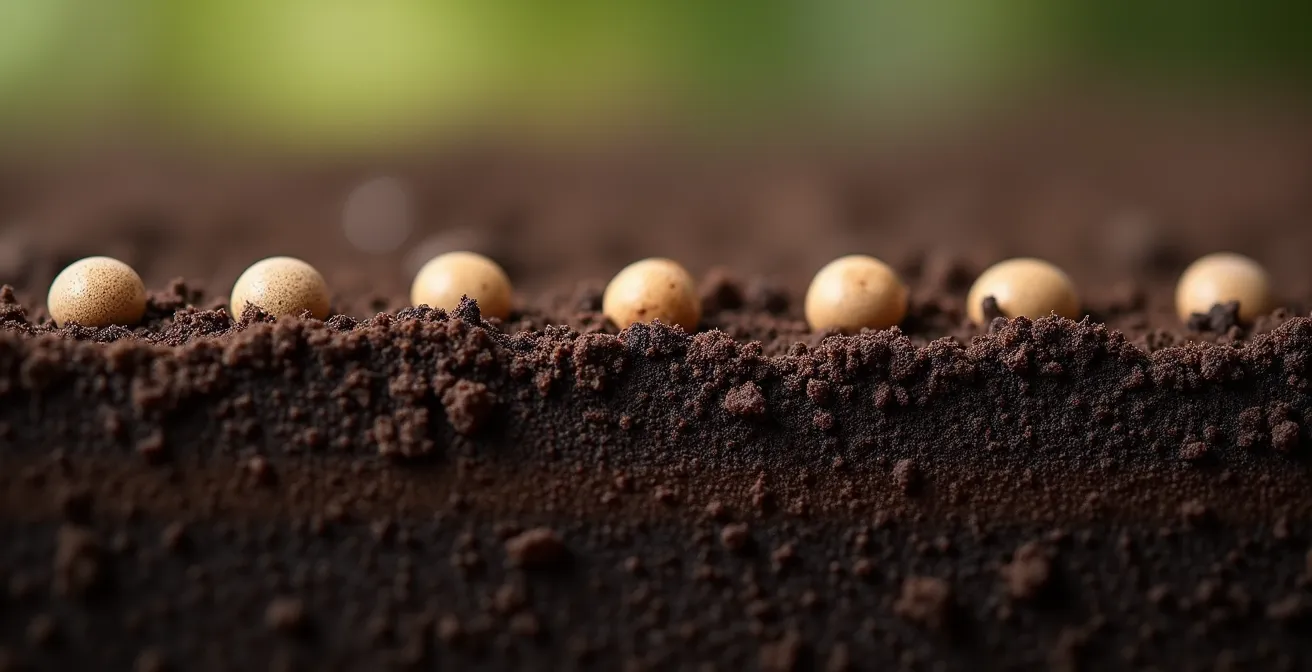 Macro view of seeds at precise depth in soil cross-section