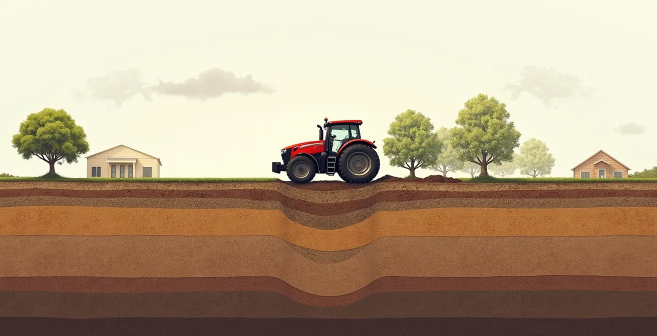 Cross-section view of soil showing compaction zones under different axle loads