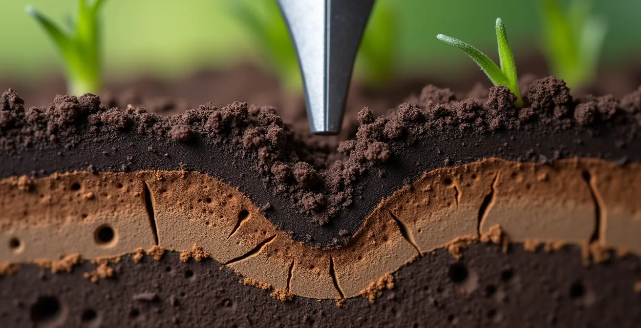 Cross-sectional view of soil layers showing a penetrometer detecting a dense hardpan layer where root growth is restricted.