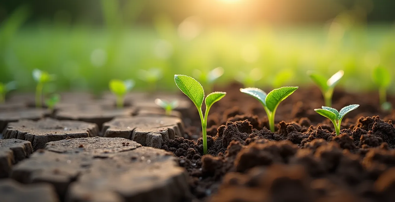 Field surface showing contrast between crusted bare soil and protected mulched area with visible crop residue