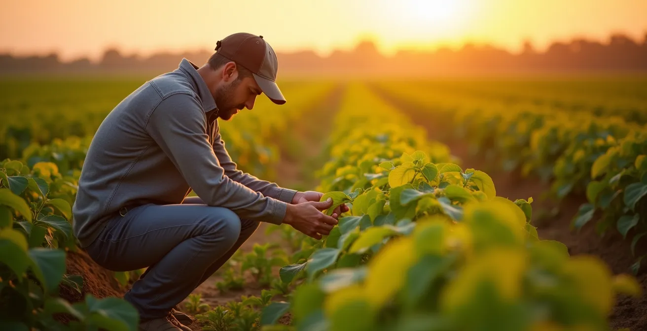 Farmer examining perfectly emerged soybean rows at sunset
