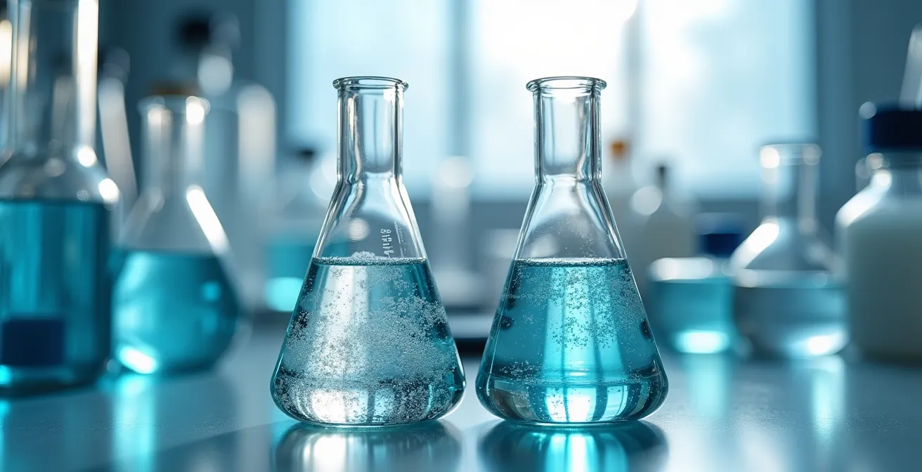 A laboratory comparison showing two beakers of water: one is crystal clear, the other has a dense white calcium precipitate forming and settling.