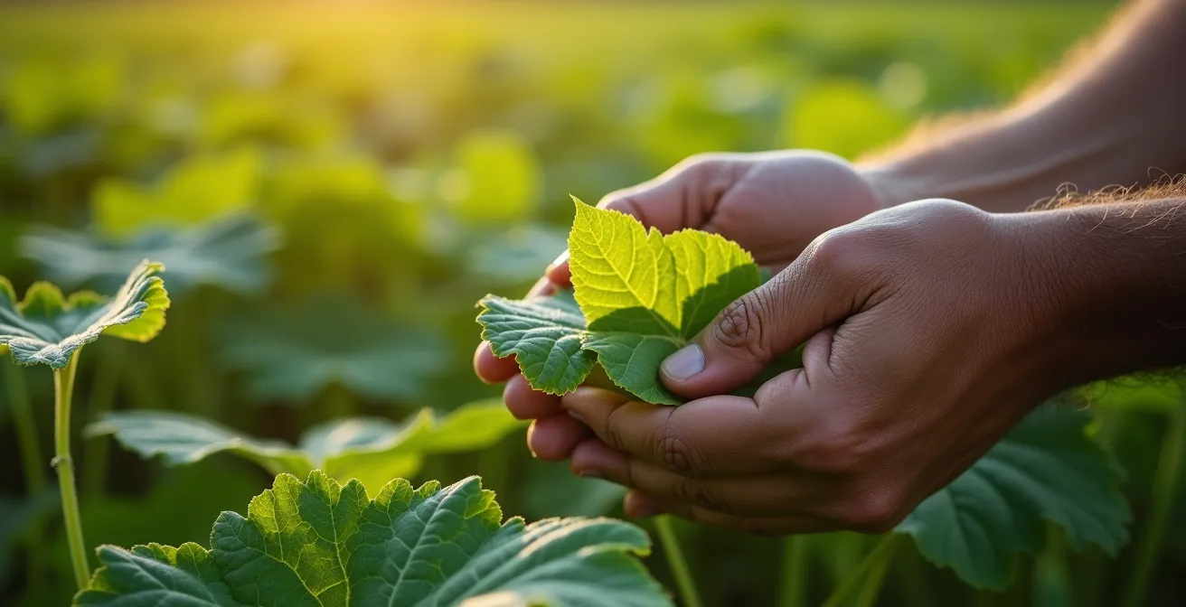 Hands collecting soybean leaf samples for tissue analysis showing proper sampling technique