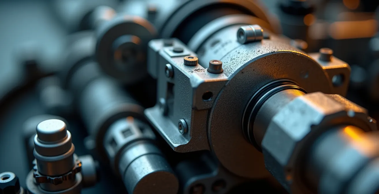 Close-up macro shot of tractor hydraulic components and sensors