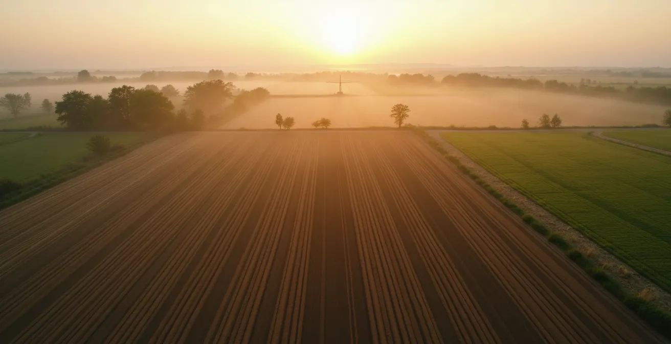 Aerial view of agricultural field showing distinct VRI management zones