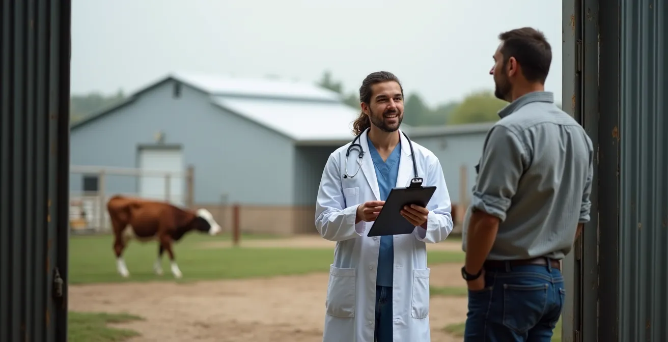 Veterinarian conducting systematic monthly biosecurity audit of farm quarantine facilities with clipboard