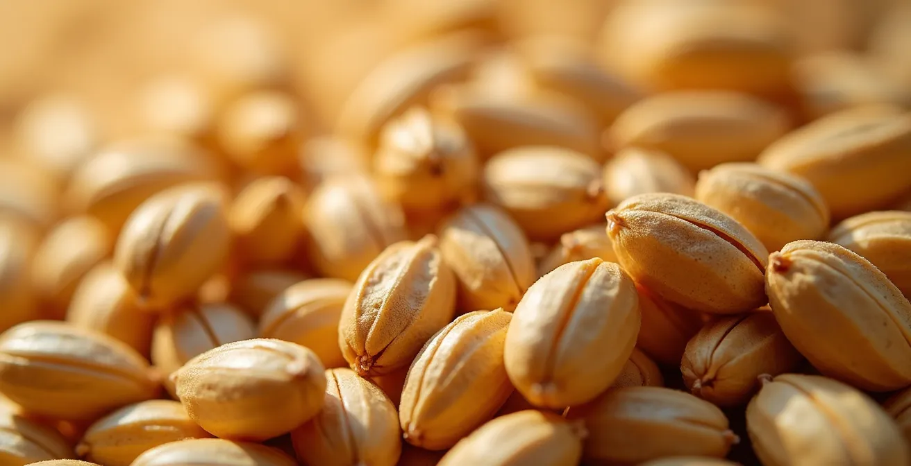 Close-up macro view of grain kernels with crystalline nutrient deposits visible on surface